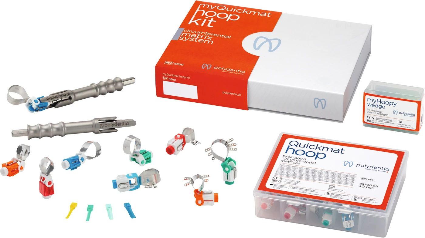 myQuickmat Hoop Vollmatrizen-System Kit 40 Vollmatrizen (regular/ mit Lasche), 2 Instrumente, 100 Keile sortiert