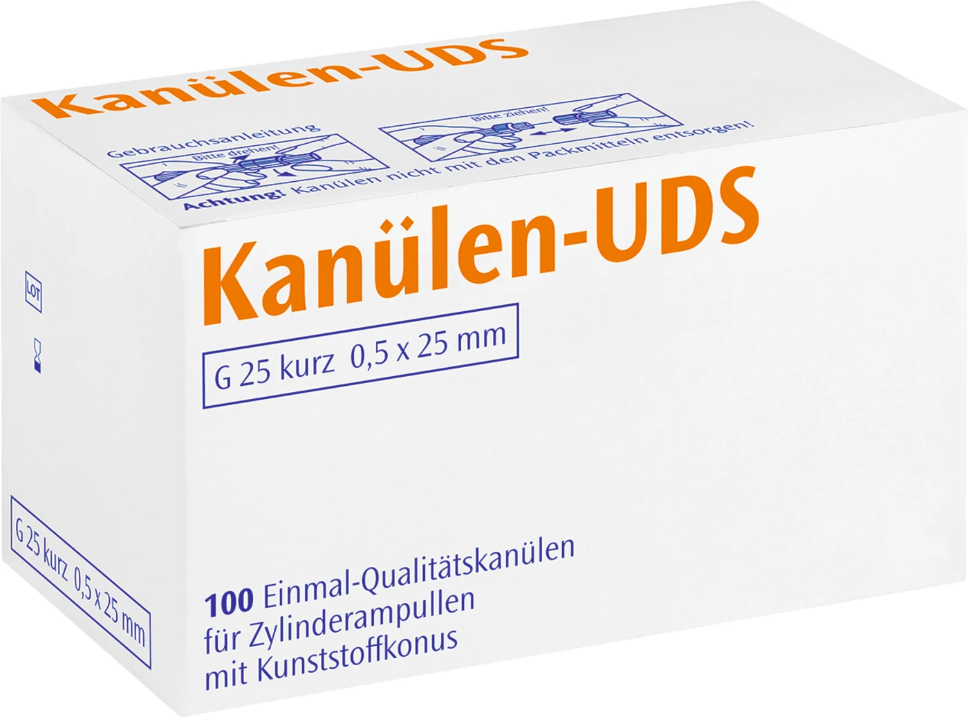UDS Kanülen Packung 100 Stück orange G25 kurz, 0,5 x 25 mm, Kappe transparent