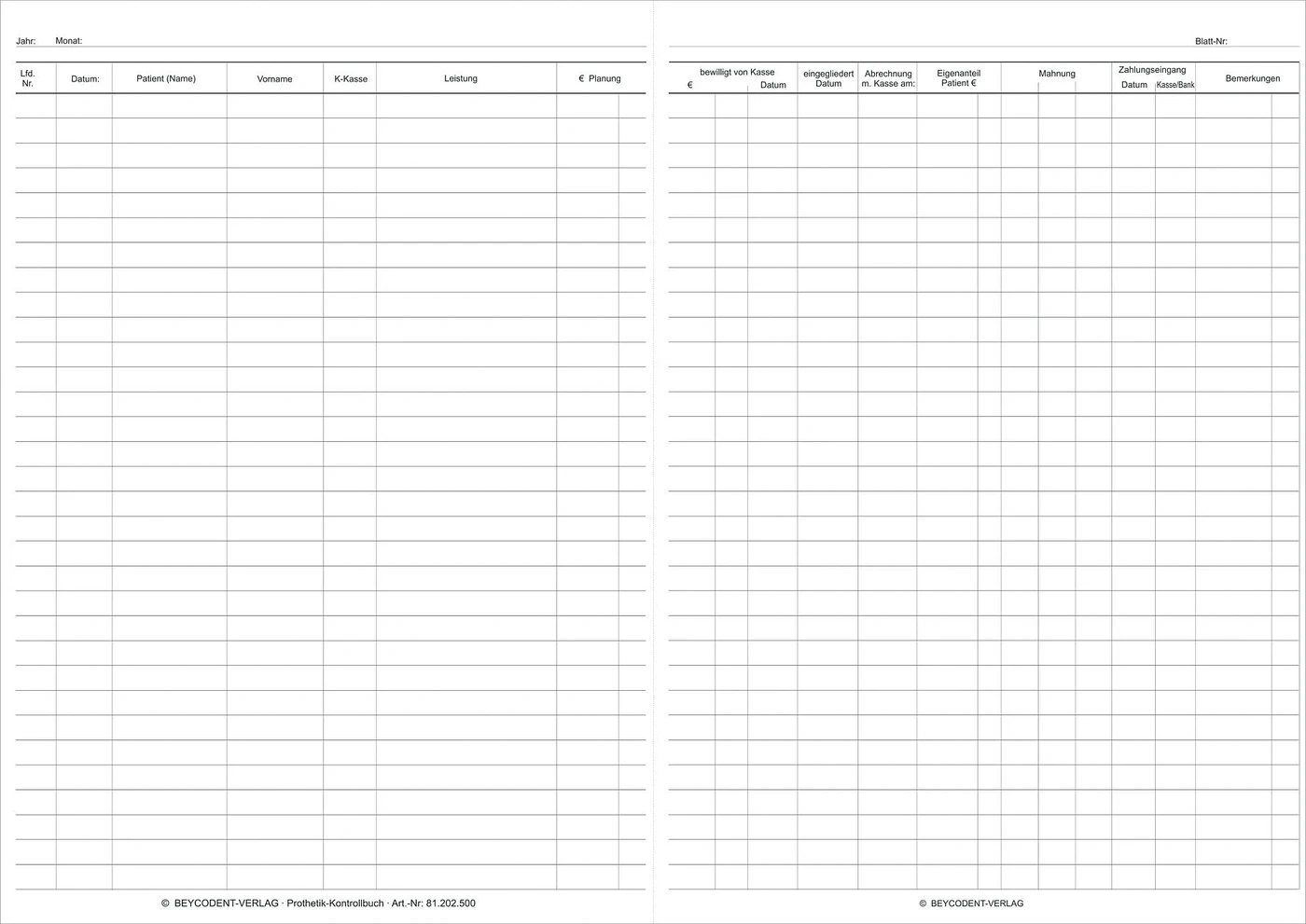 Prothetik- und Rechnungskontrollbuch Stück