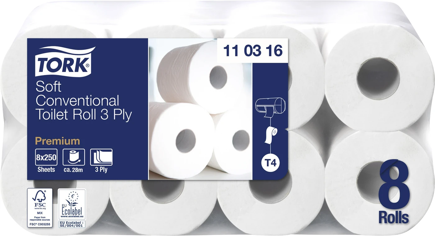 TORK® Premium Kleinrollen Toilettenpapier extra weich  Karton 9 x 8 Rollen 27,5 m, 3-lagig, 11 x 9,4 cm, weich, geprägt, weiß