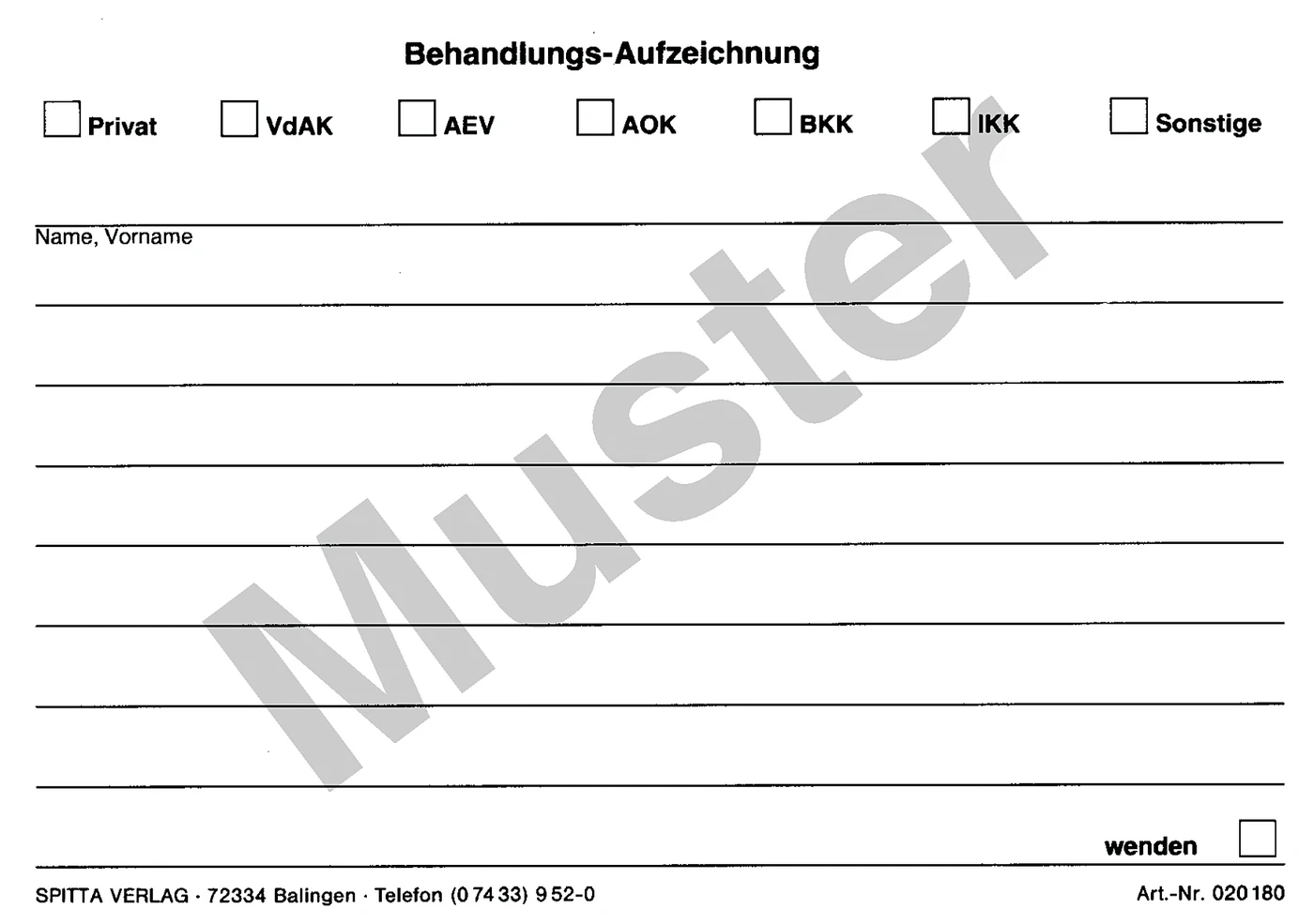 Behandlungsaufzeichnung Stück 100 Blatt