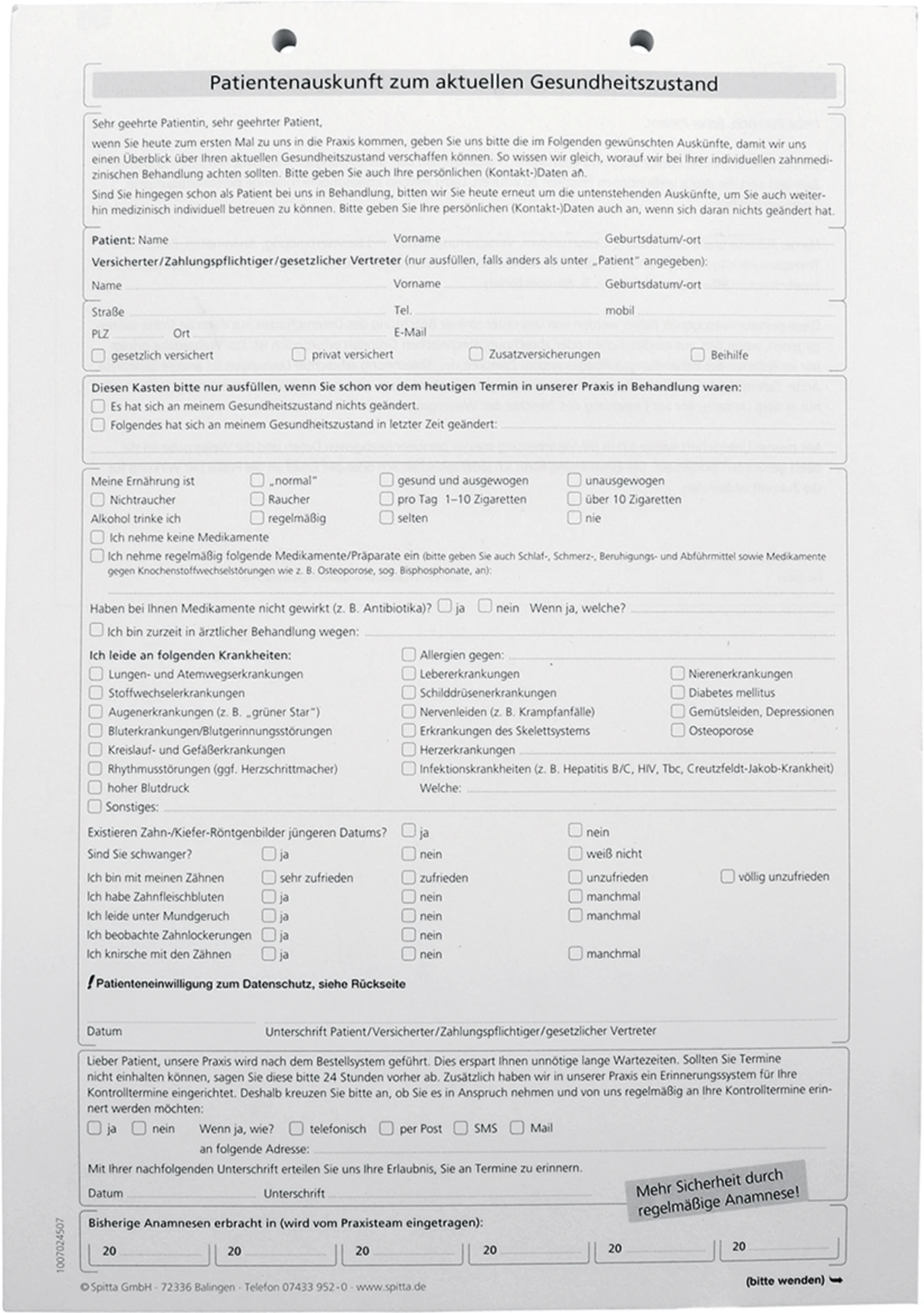 Formulare Block 100 Stück Anmeldeformular Anamnese mit Recall, A4