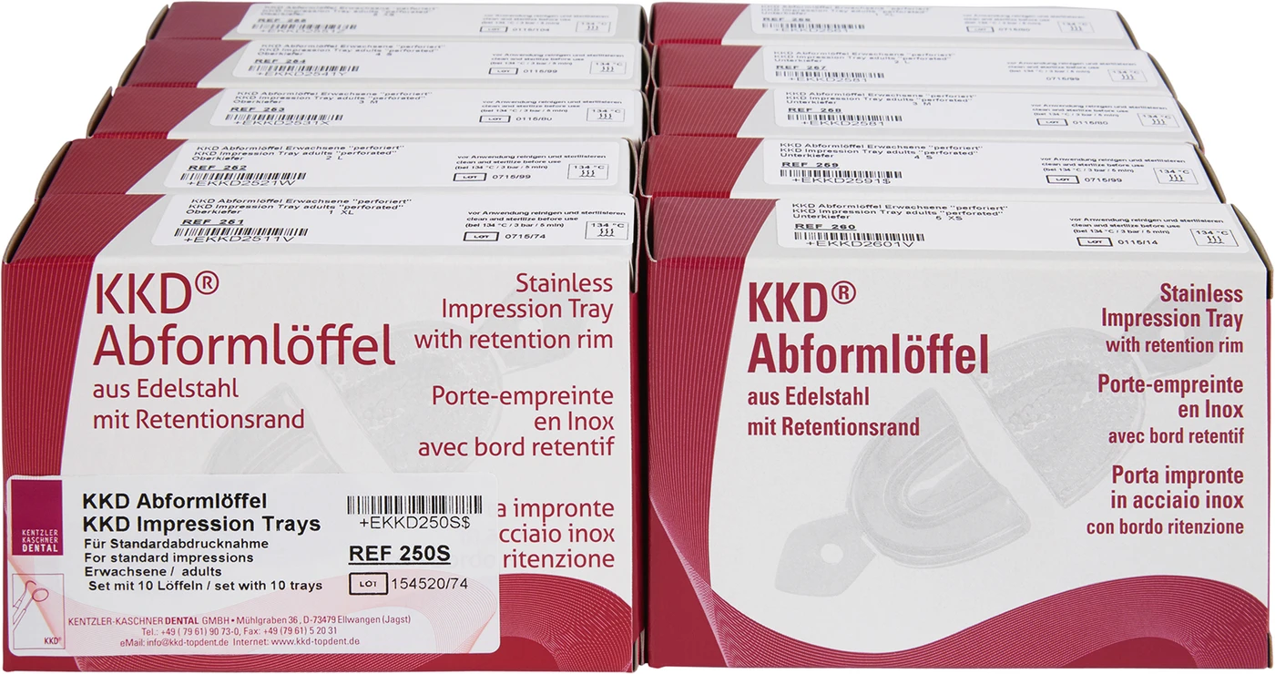 KKD® Abformlöffel Standardabdruck Satz 10 Stück (UK-1 XL, UK-2 L, UK-3 M, UK-4 S, UK-5 XS, OK-1 XL, OK-2 L, OK-3 M, OK-4 S, OK-5 XS), perforiert