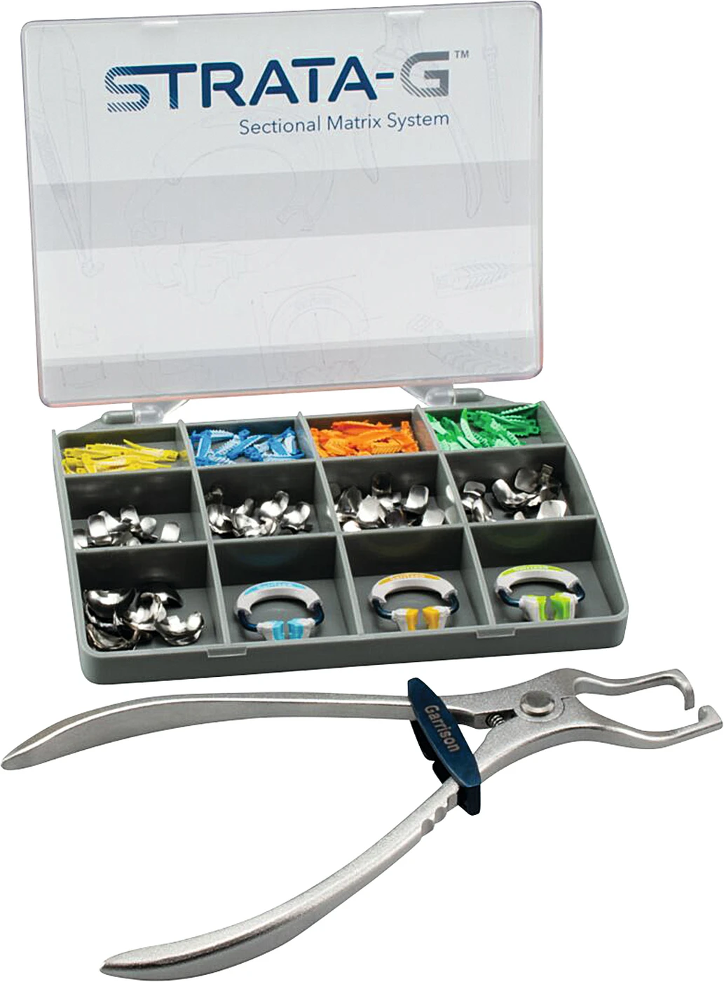Strata-G™ Teilmatrizensystem Introkit Matrix System Firm 3 Ringe, 100 Matrizenbänder, 80 Keile, 1 Ringseparierzange