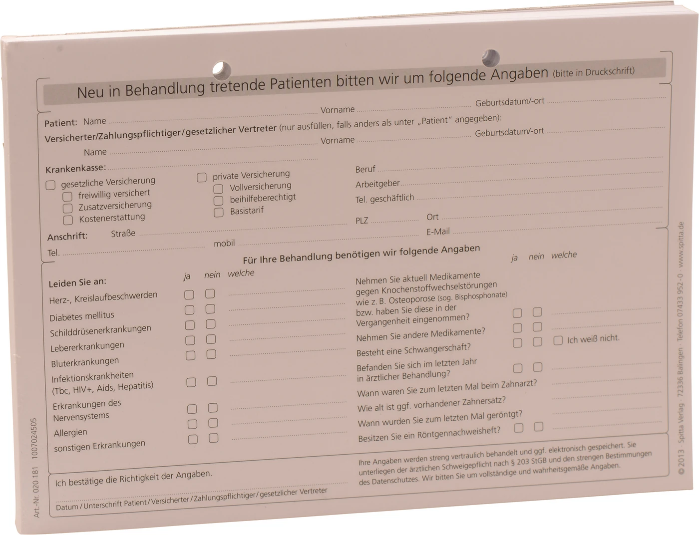 Anmeldeformulare Anamnese Stück 100 Blatt A5, Querformat