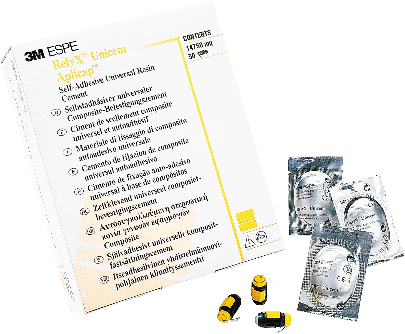 RelyX™ Unicem Packung 50 Aplicap Kapseln (24 x A2 universal, 16 x transluzent, 10 x A3 opak), 10 Verlängerungskanülen RelyX™ Unicem Packung 50 Aplicap Kapseln (24 x A2 universal, 16 x transluzent, 10 x A3 opak), 10 Verlängerungskanülen