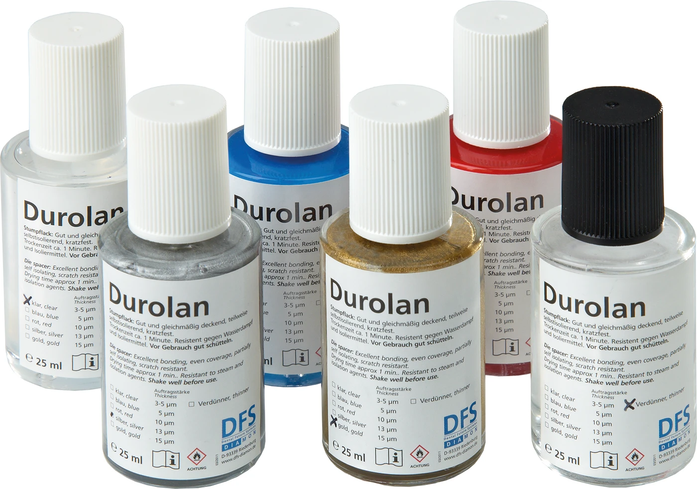 Durolan Set 5 x 25 ml Stumpflack (rot, blau, gold, klar, silber), 1 Verdünner