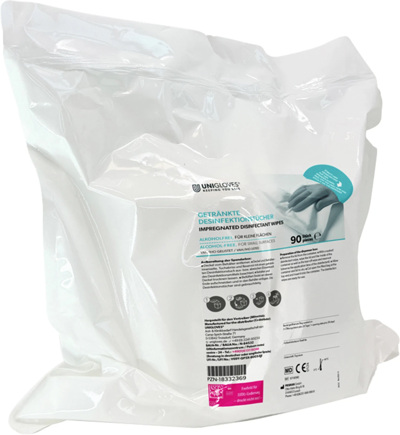 UNIGLOVES Desinfektionstücher getränkt alkoholfrei Karton 2 x 90 Stück