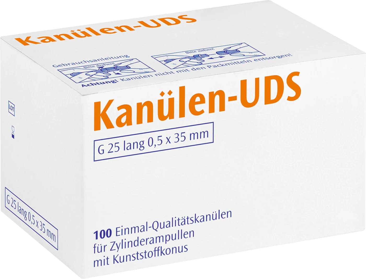 UDS Kanülen Packung 100 Stück orange G25 lang, 0,5 x 35 mm, Kappe orange