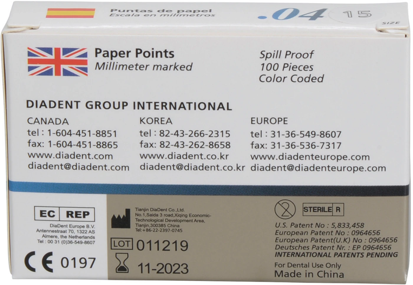 DiaDent® Dia-Pro Paper Points Packung 100 Stück Taper.04, ISO 015 DiaDent® Dia-Pro Paper Points Packung 100 Stück Taper.04, ISO 015