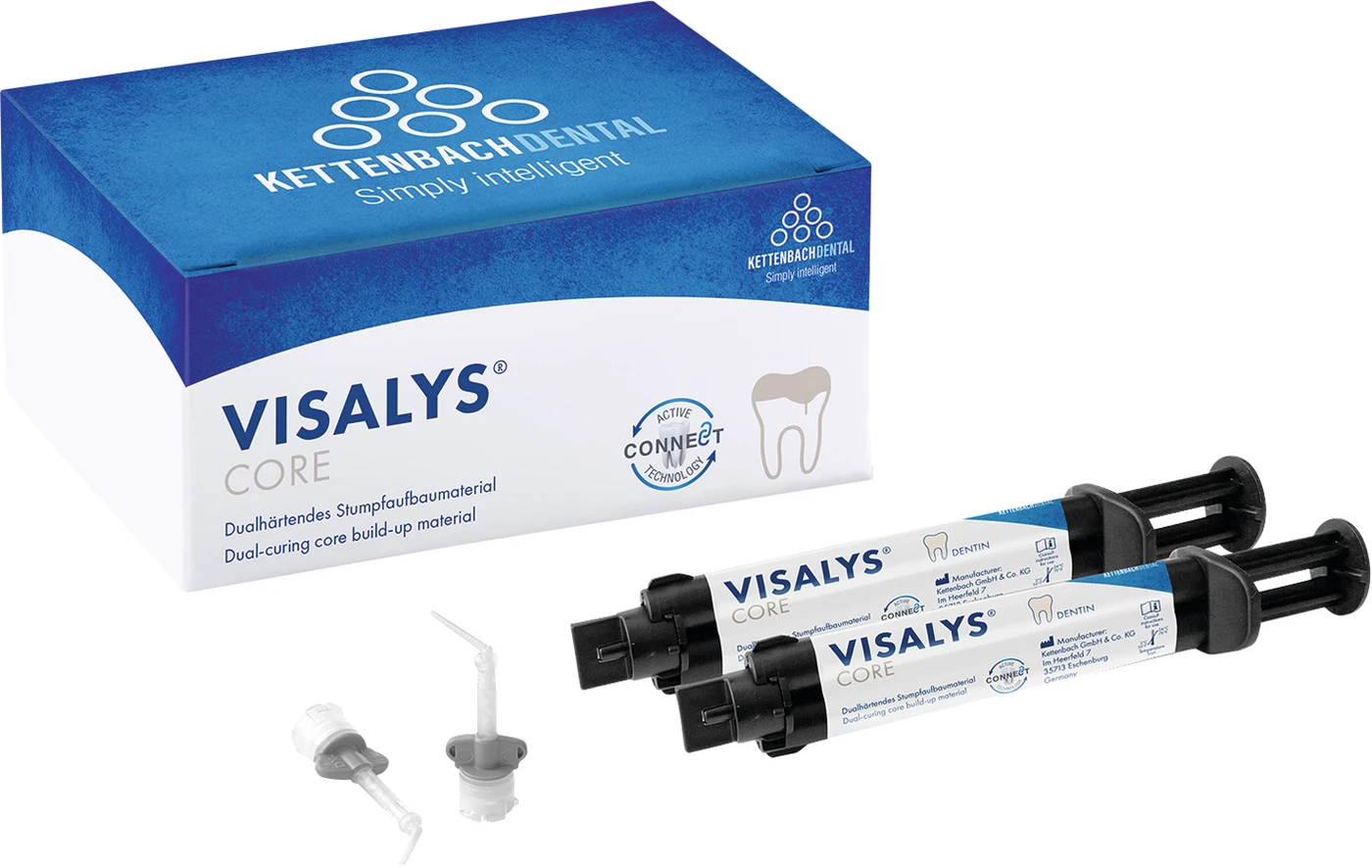 Visalys® Core Normal pack 2 x 9 g (5 ml) Spritze dentin, 20 Mischkanülen, 10 Intraoral Tips, 10 Endo Tips