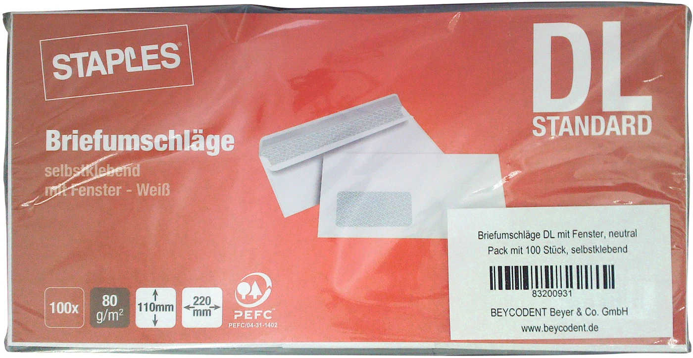 Briefumschläge DL mit Fenster Packung 100 Stück