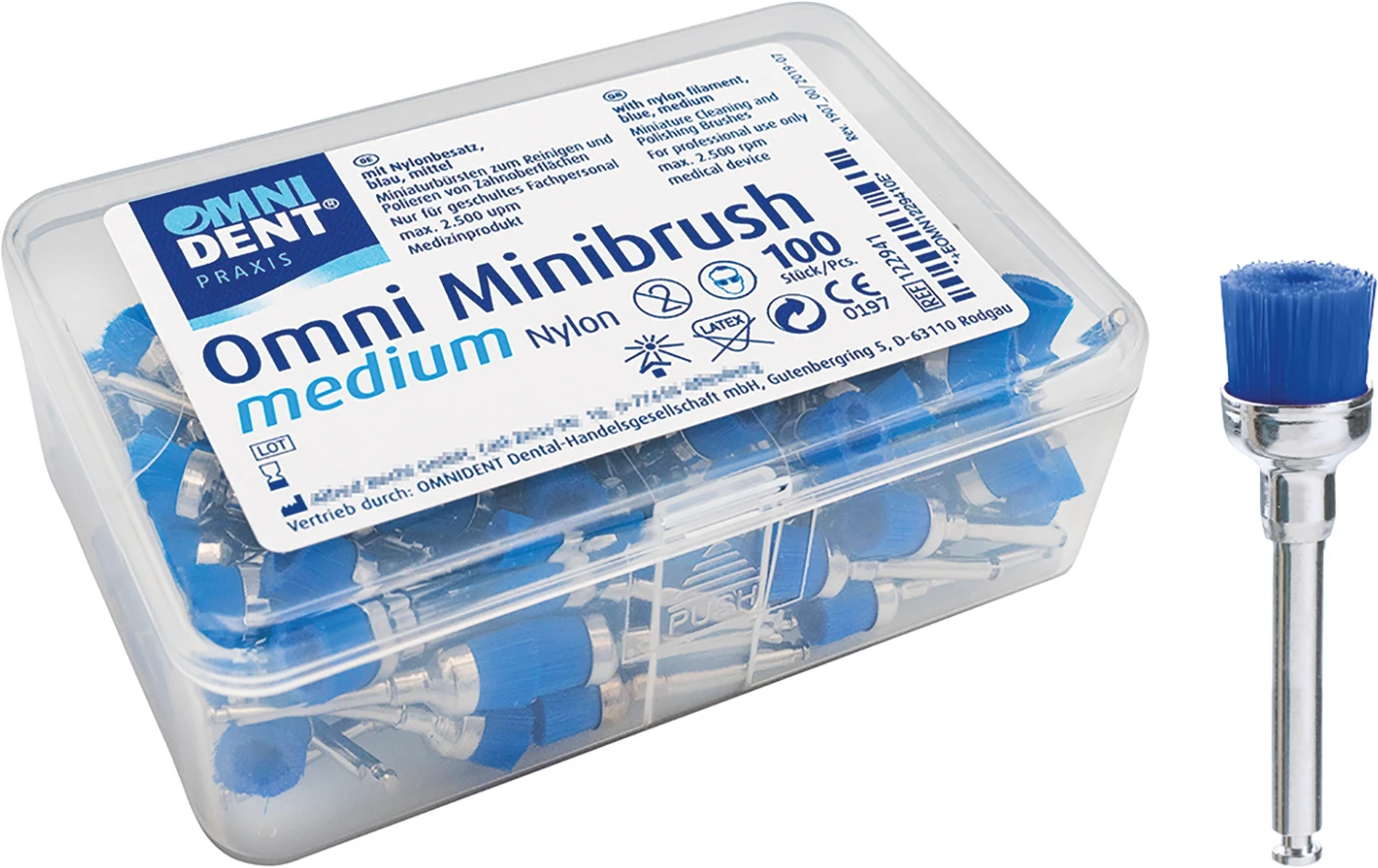 Omni Minibrush Packung 100 Stück Nylonborsten medium, blau