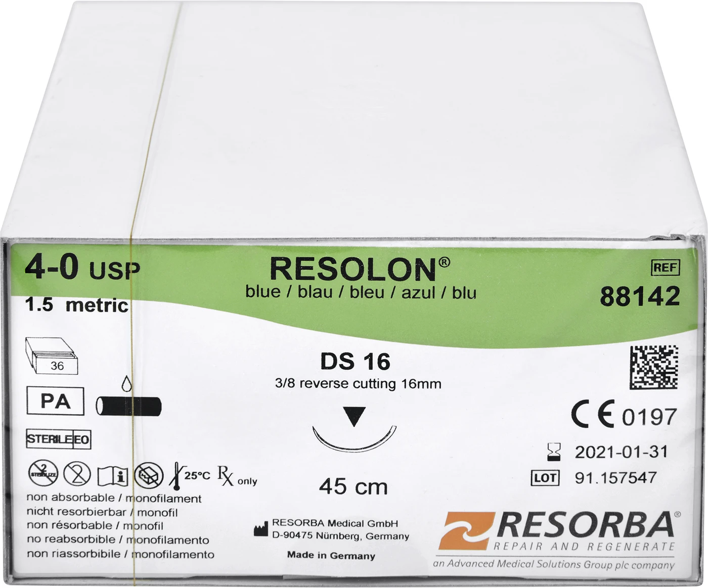 RESOLON® Packung 36 Stück blau, 45 cm, DS16, 3/8 Kreis, außen schneidend, 16 mm, USP 4/0