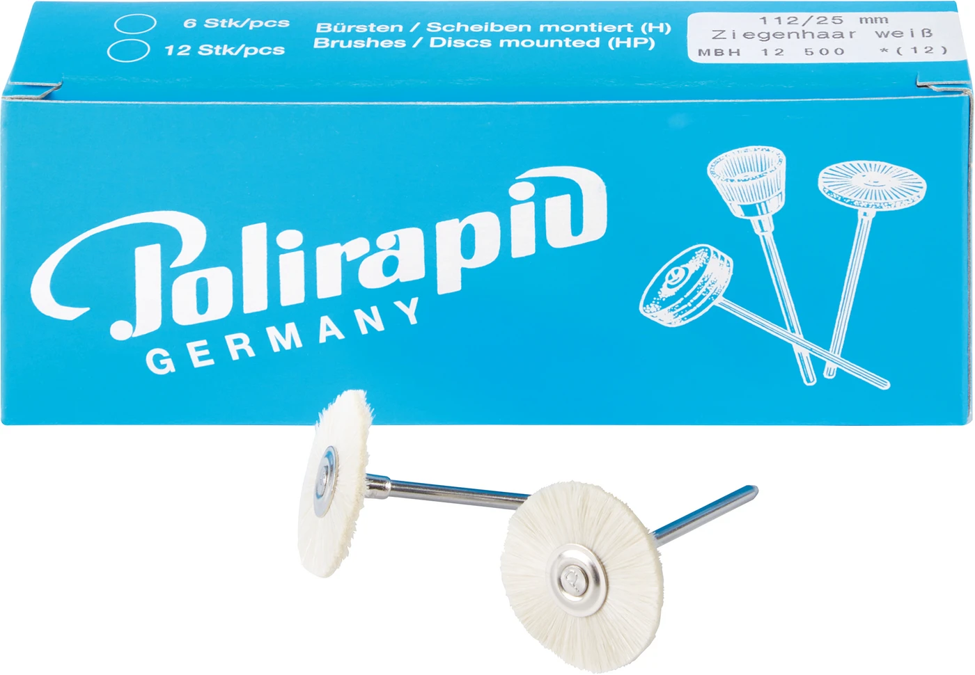 Miniaturbürsten Ziegenhaar Packung 12 Stück HP, weiß sehr weich, Ziegenhaar, Ø 25 mm