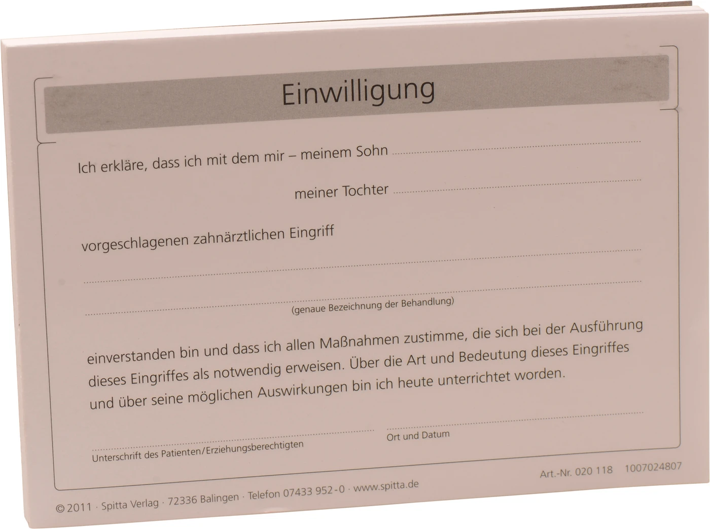 Einwilligung zahnärztlicher Eingriff Stück 100 Blatt