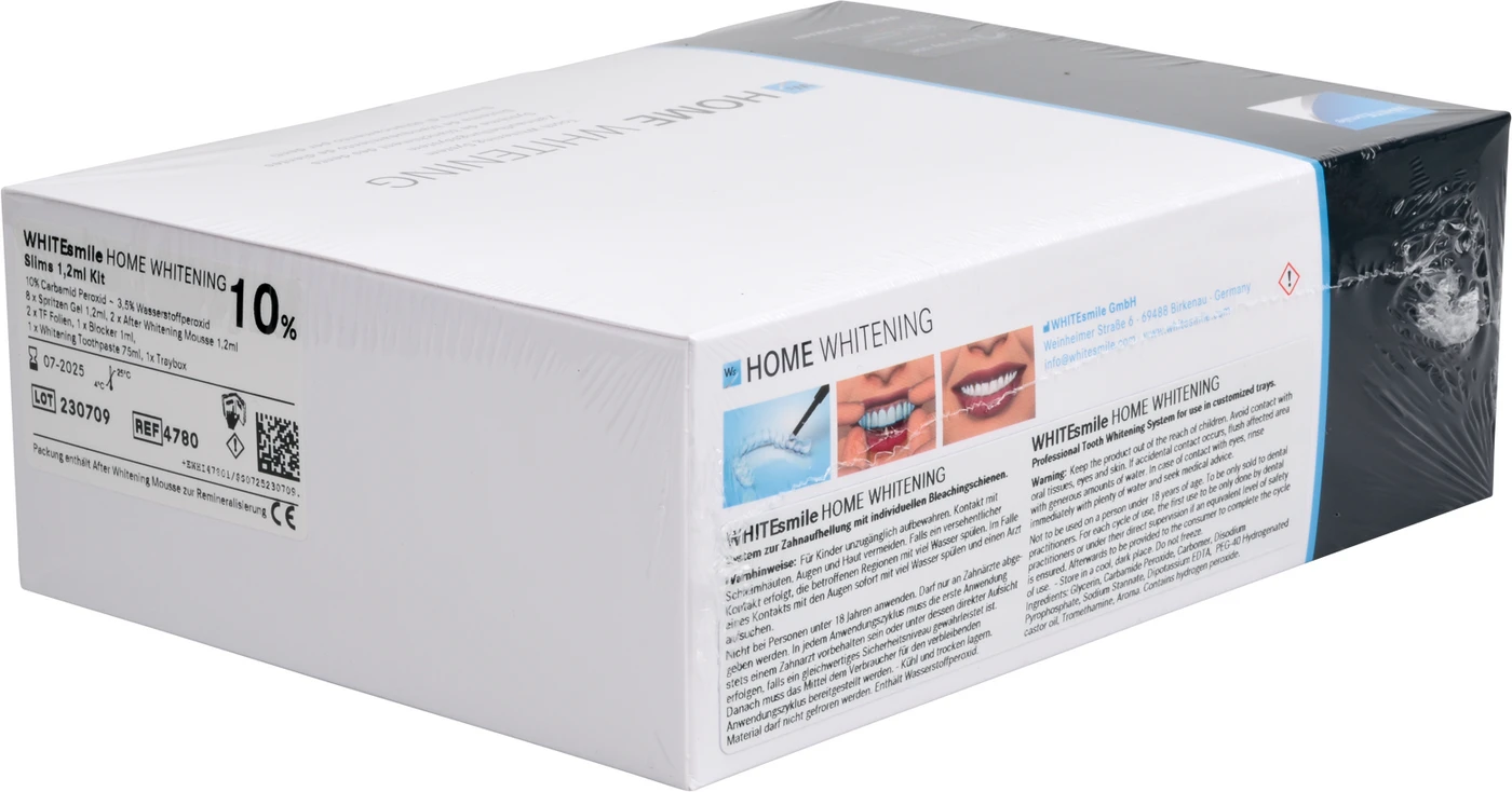 HOME WHITENING Slim Kit 8 x 1,2 ml Zahnaufhellungsgel 10 % CP, 2 x 1,2 ml After Whitening Mousse, Zubehör