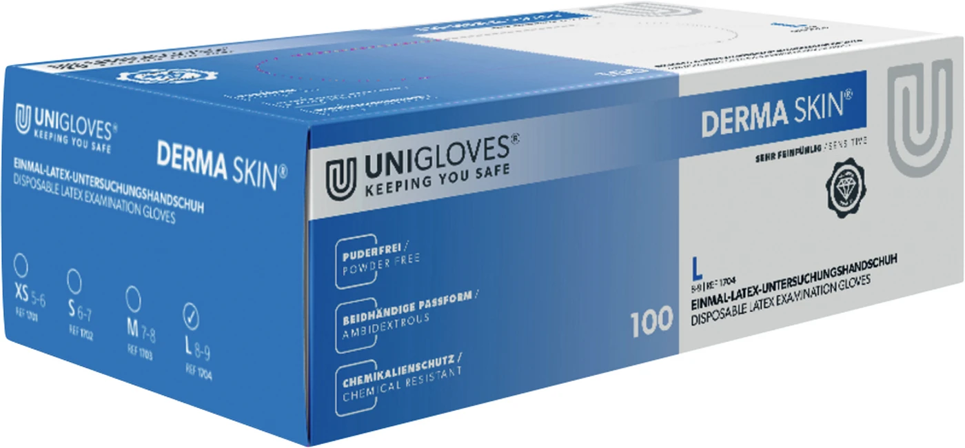 DERMA SKIN Latexhandschuhe Packung 100 Stück puderfrei, naturlatex, L