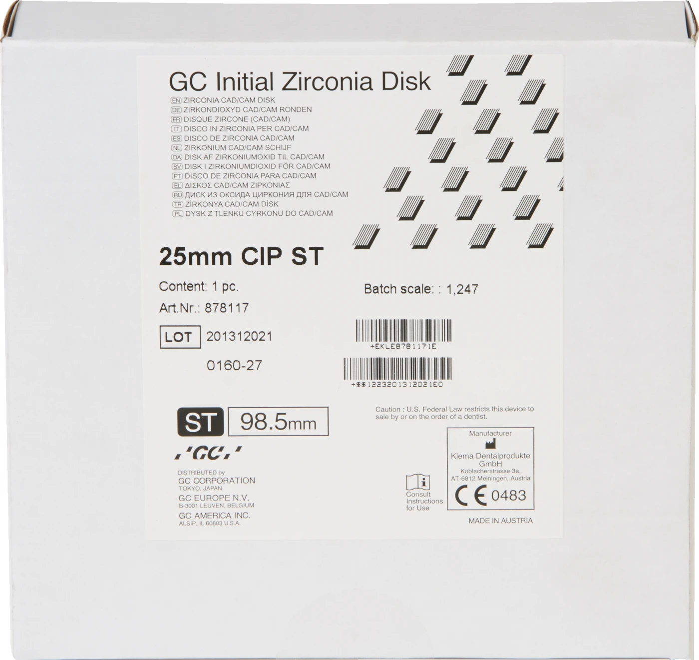 GC Initial™ Zirconia Disk Stück Ø 98, 5 mm H 25 mm, ST