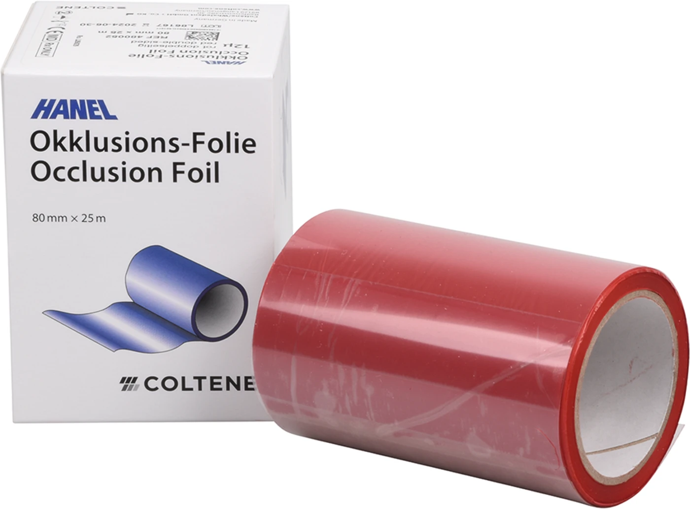 HANEL Occlusions-Folie, doppelseitig 12 µm Spenderbox 25 m rot, 80 mm breit