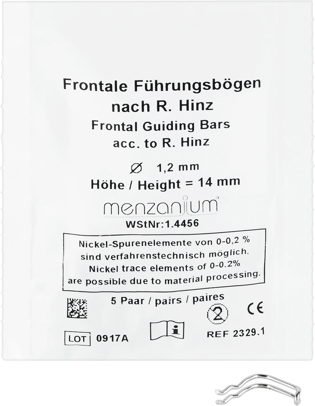 Frontale Führungsbögen nach R. Hinz Packung 5 Paar frontal, 14 mm Frontale Führungsbögen nach R. Hinz Packung 5 Paar frontal, 14 mm