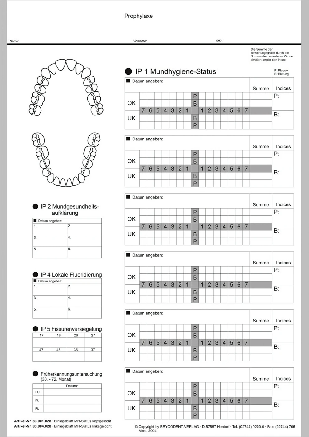 Einlegeblatt Mundhygiene-Status Packung 100 Stück, kopfgelocht