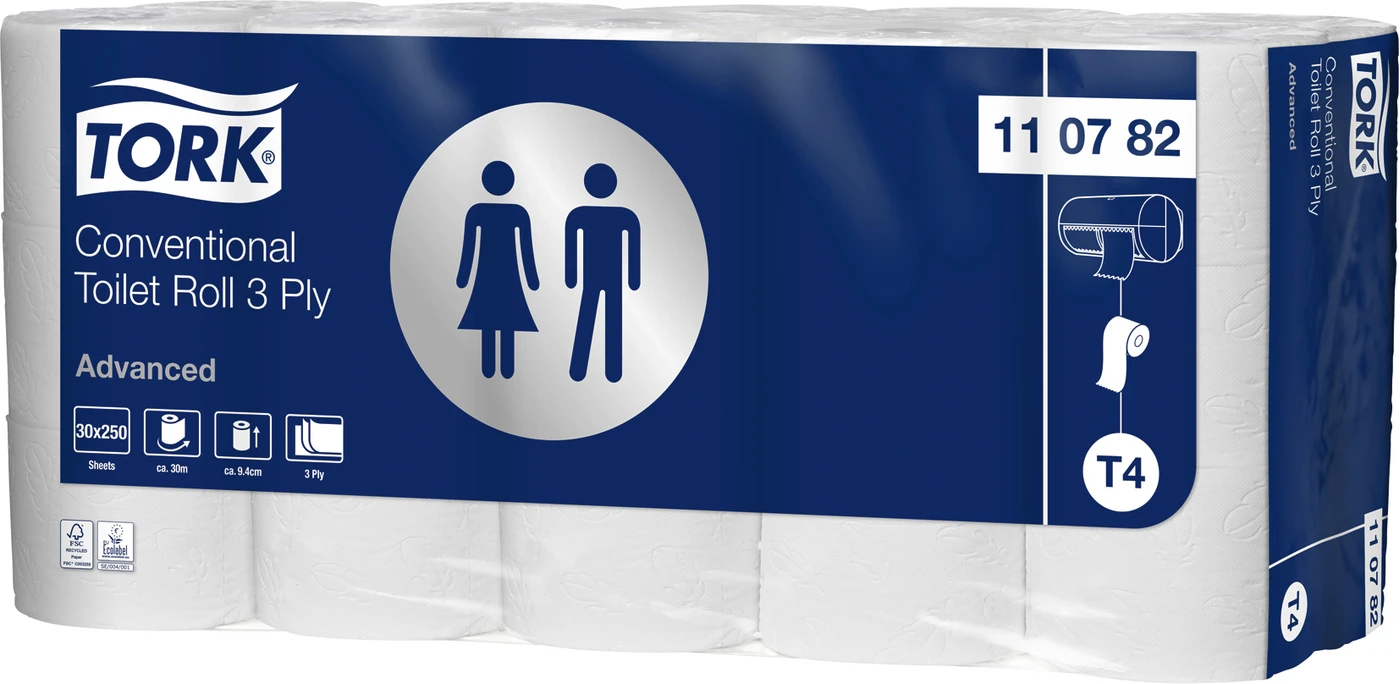 TORK® extra weiches Kleinrollen Toilettenpapier Packung 30 Stück 3-lagig, weich, geprägt, 9,4 x 12 cm, weiß