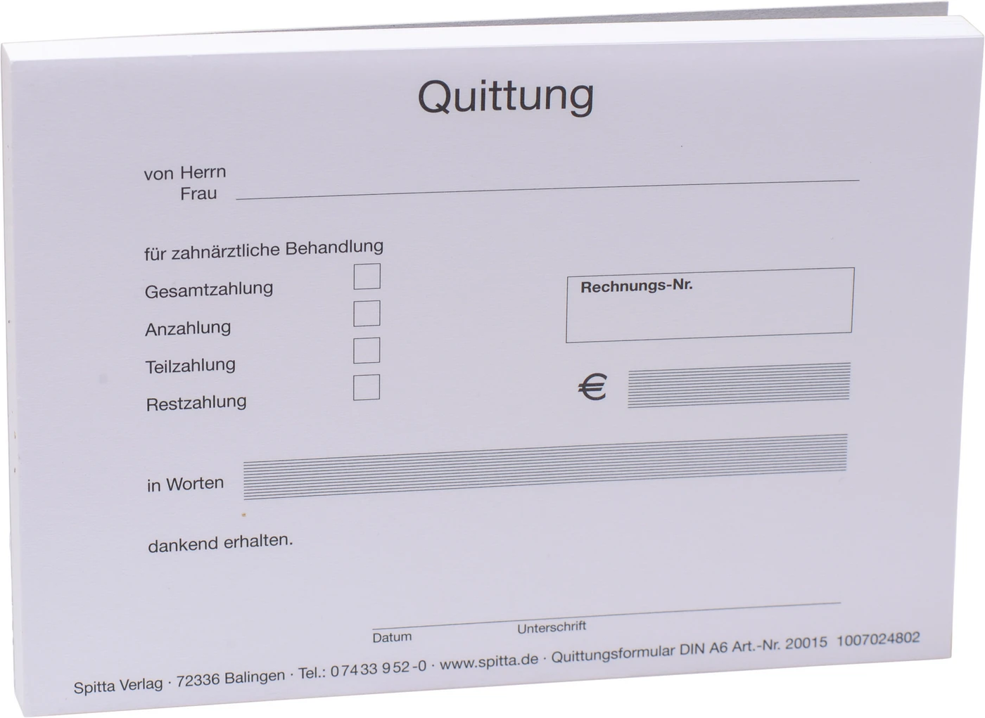 Formulare Block 100 Stück Quittung für zahnärztliche Behandlung weiß, A6 quer
