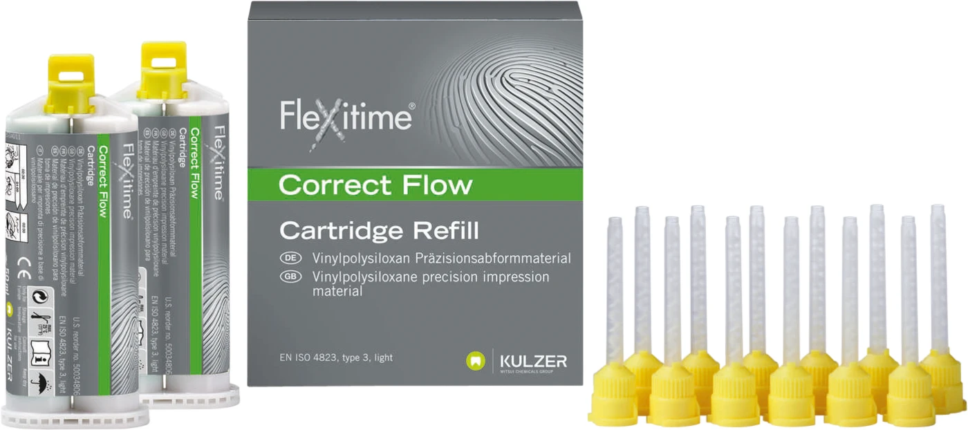 Flexitime® Packung 2 x 50 ml Doppelkartusche Correct Flow, leichtfließend, 6 Mischkanülen gelb 1:1