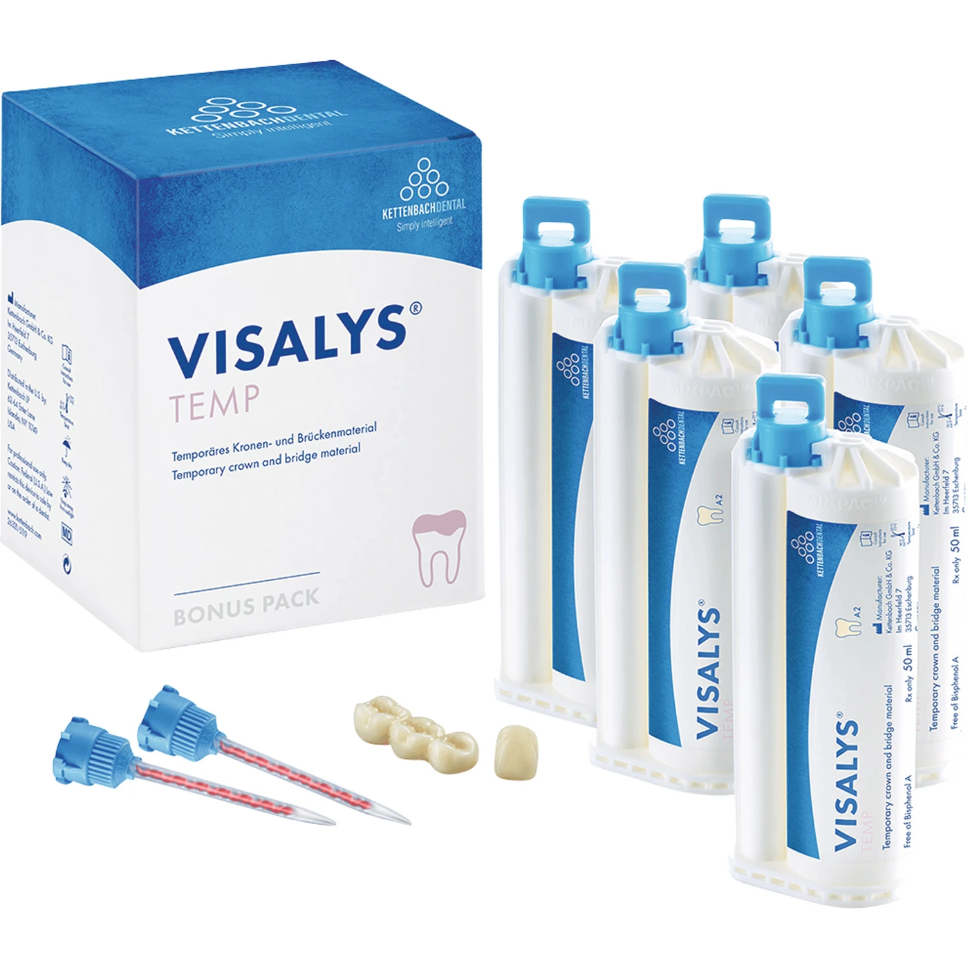 Visalys® Temp Bonus pack 5 x 50 ml Kartusche A2, 15 Mischkanülen blau-orange