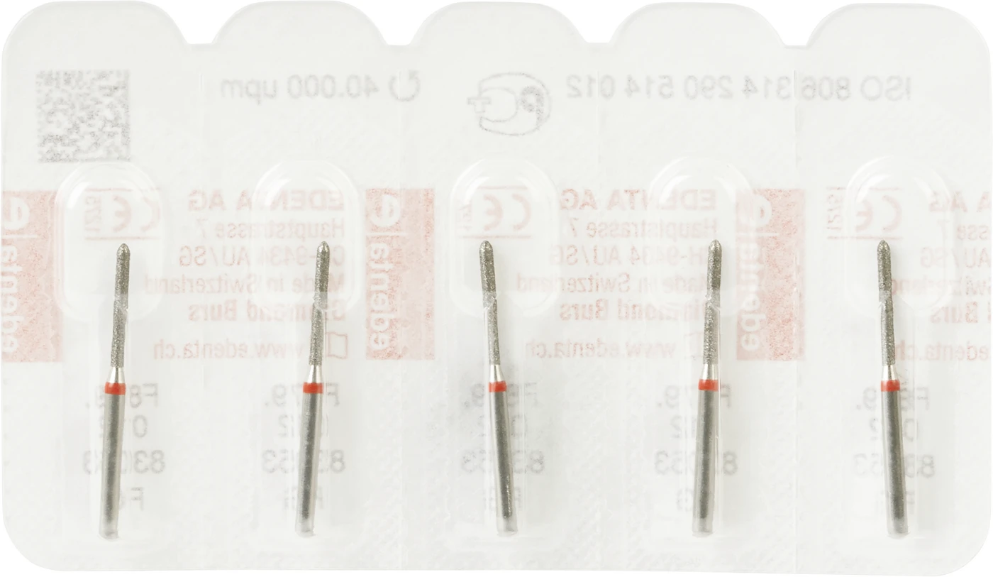 Diamanten 879 Packung 5 Stück rot fein, FG, Figur 290 Torpedo zylindrisch, 10 mm, ISO 012