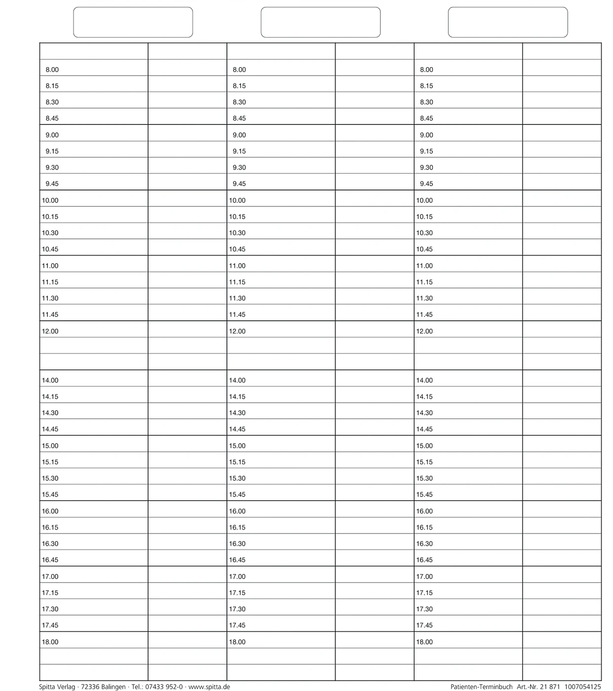 Terminbucheinlagen 6-spaltig Packung 50 Stück normal, mit Uhrzeit