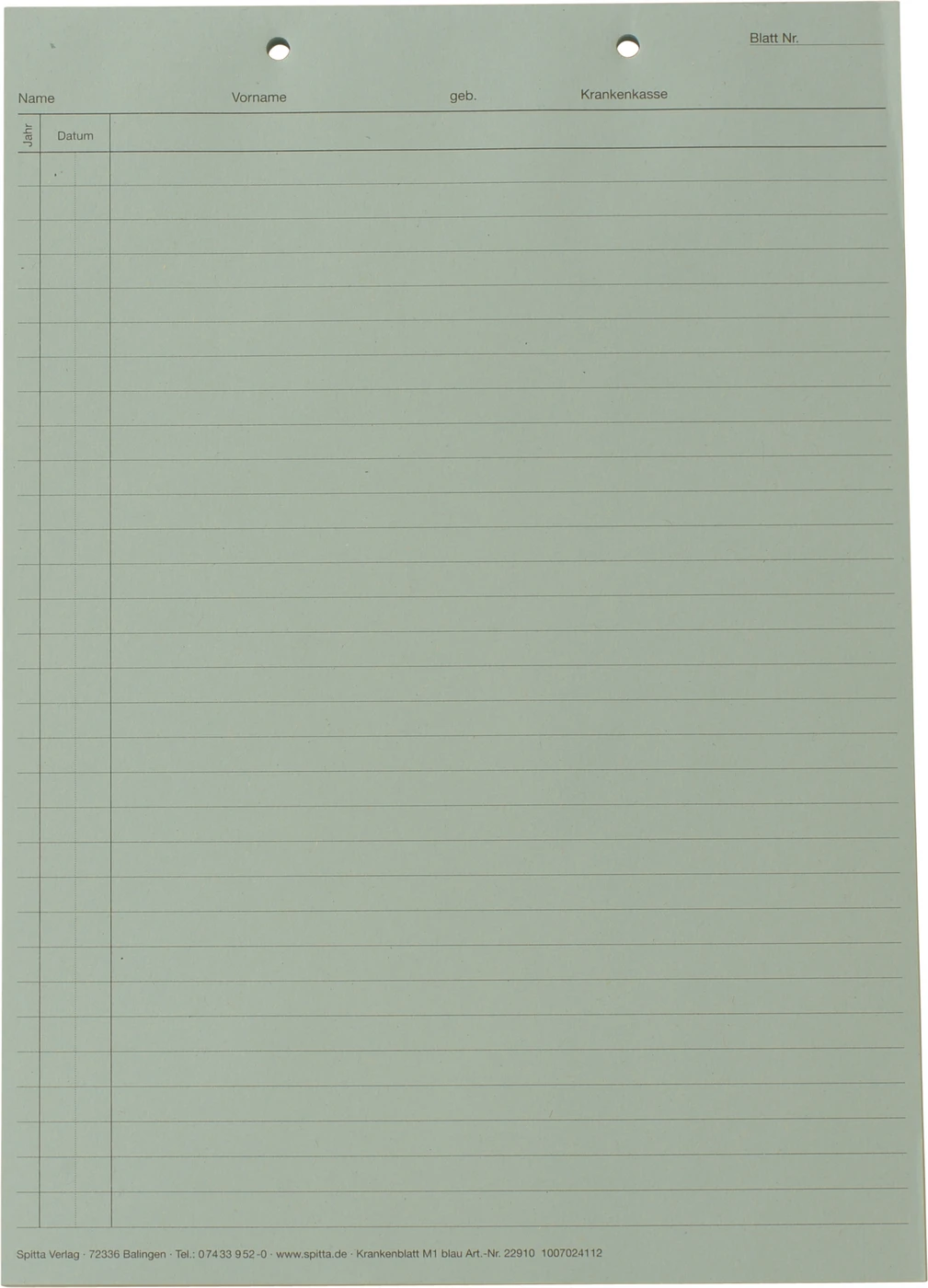 Krankenblatt M1 Stück 100 Blatt, kopfgelocht, A5