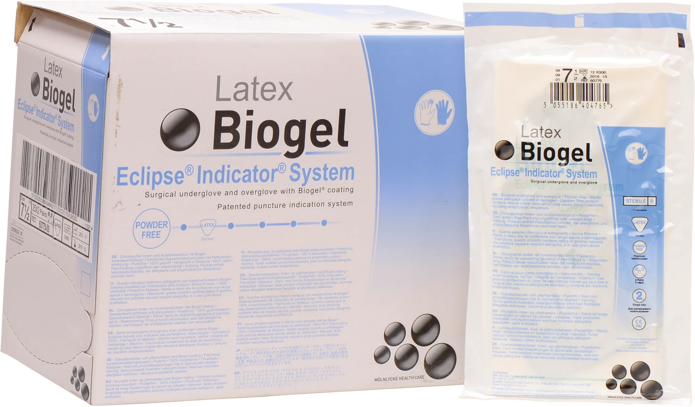 Biogel Eclipse® Indicator® System Packung 25 x 2 Paar puderfrei, (Farbe: stroh, grün), Größe 7,5