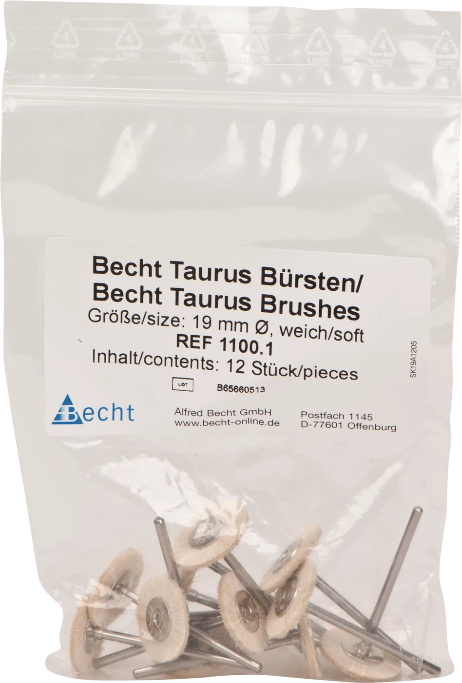 Montierte Bürste Packung 12 Stück Ziegenhaar weich, Rad, Ø 19 mm