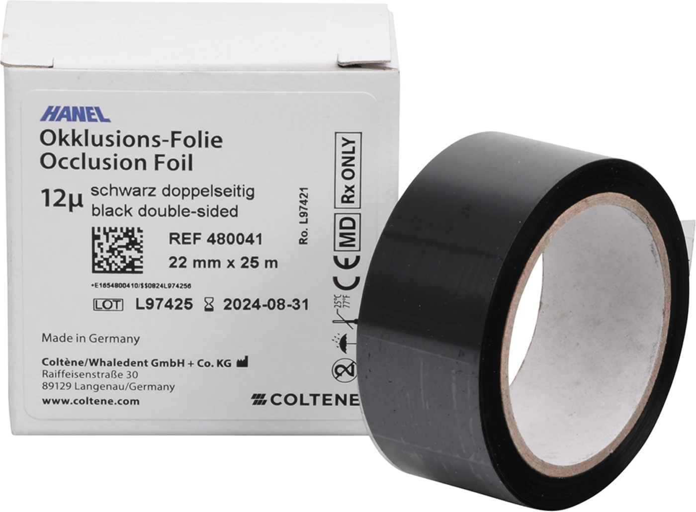 HANEL Occlusions-Folie, doppelseitig 12 µm Rolle 25 m schwarz, 22 mm breit HANEL Occlusions-Folie, doppelseitig 12 µm Rolle 25 m schwarz, 22 mm breit
