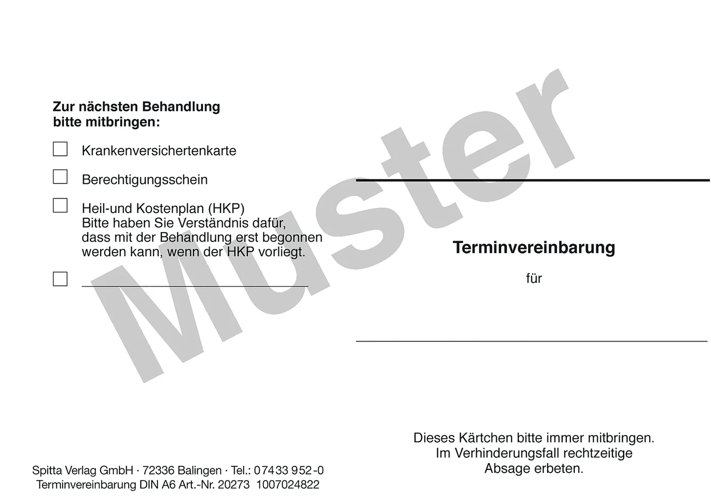 Terminvereinbarungskarte Packung 100 Stück