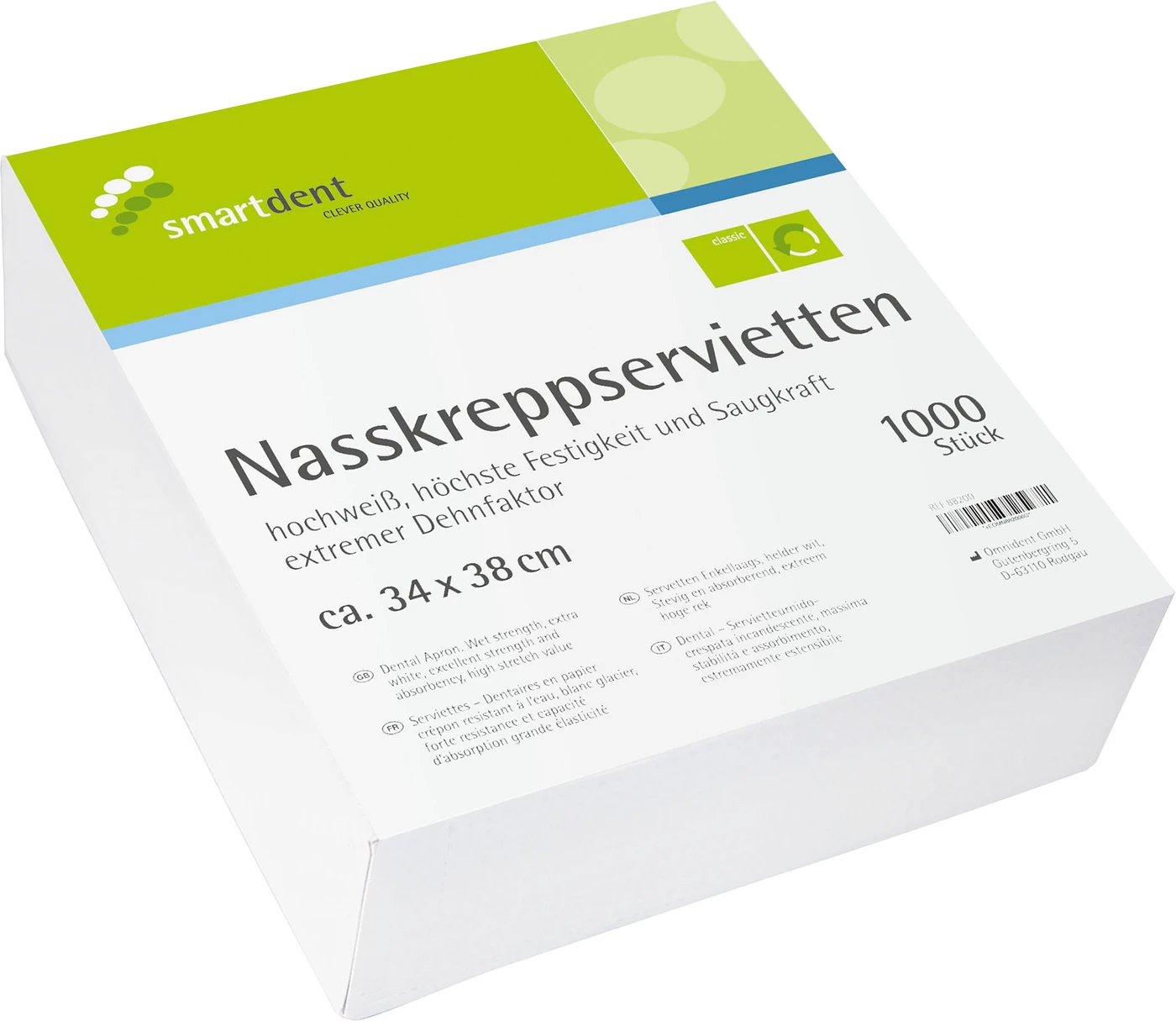 smart Nasskreppservietten Karton 1.000 Stück hochweiß, 34 x 38 cm, 1-lagig