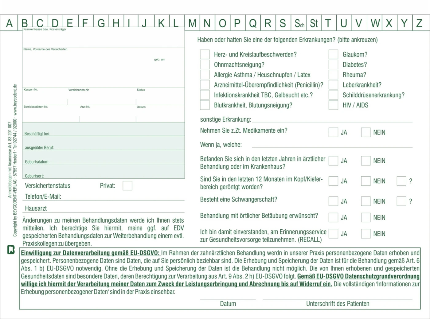 Anmeldebogen-Anamnesebogen A5 Stück 100 Blatt Anmeldebogen-Anamnesebogen A5 Stück 100 Blatt