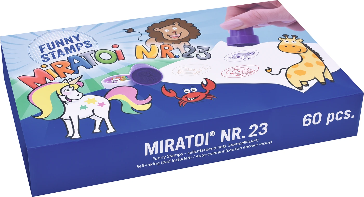 Miratoi Nr. 23 Funny Stamps Packung 5 x 12 Stück (Einhorn 1, Einhorn 2, Giraffe, Krebs, Löwe)