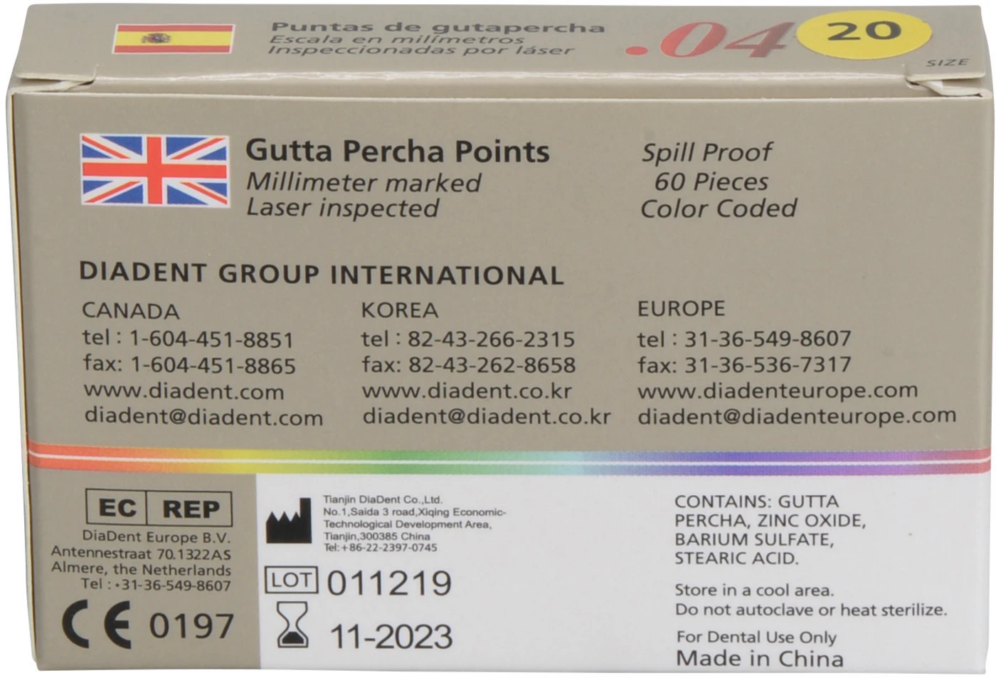 DiaDent® Dia-Pro Guttaperchaspitzen Packung 60 Stück Taper.04, ISO 020 DiaDent® Dia-Pro Guttaperchaspitzen Packung 60 Stück Taper.04, ISO 020