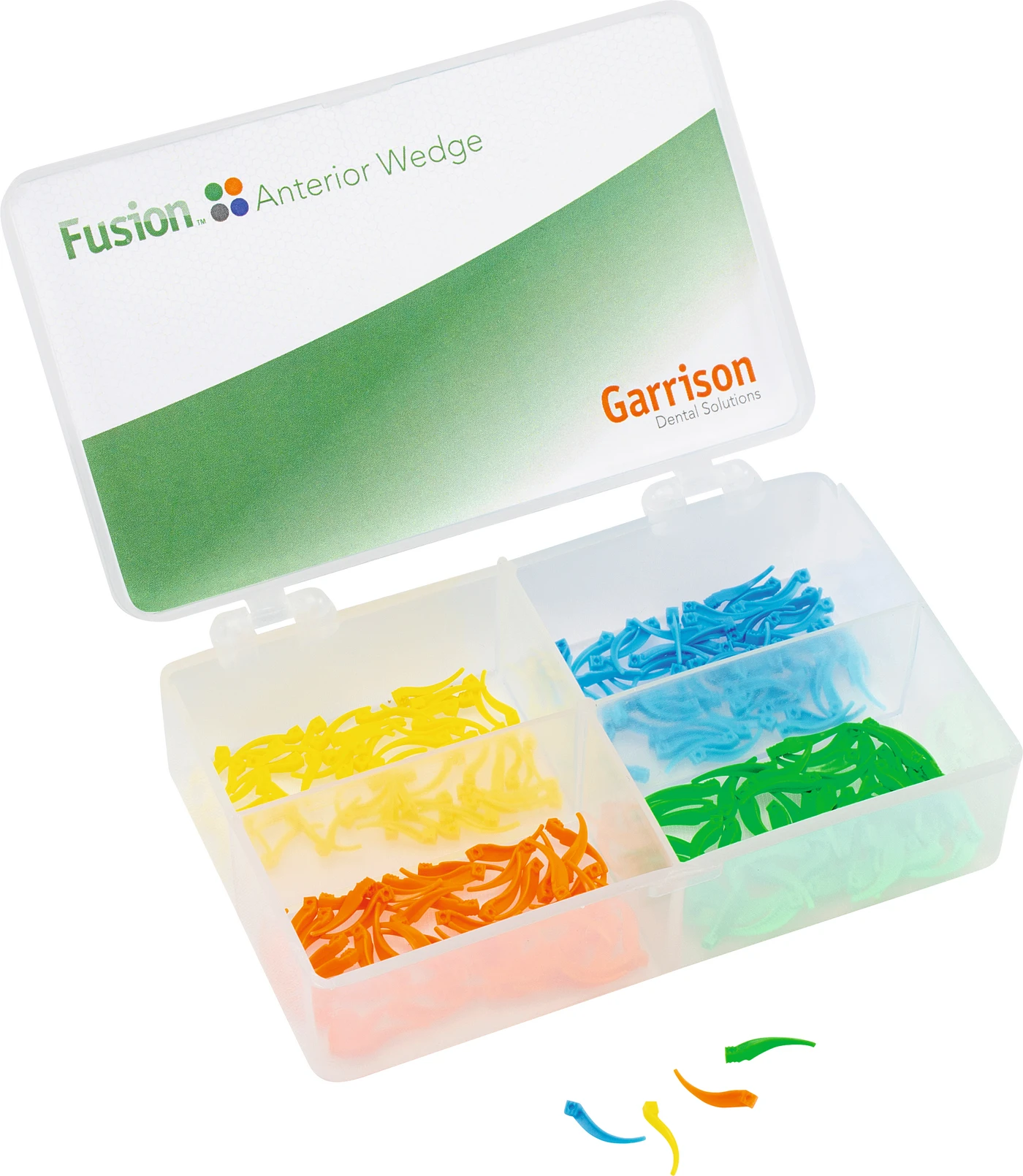 Fusion™ Anterior Interdentalkeile Kit 200 Interdentalkeile ( gelb - extra klein,  blau - klein,  orange - medium,  grün - groß)