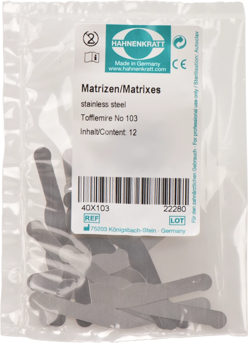 Matrizen nach Tofflemire Packung 12 Stück Stärke 0,04 mm Nr. 103