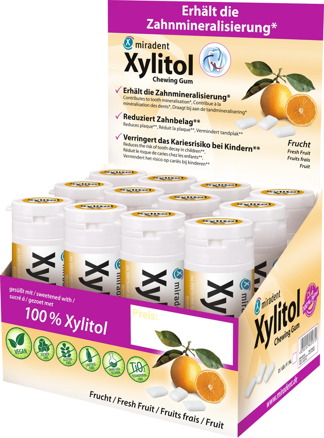 Xylitol Chewing Gum Display 12 x 30 Stück Fresh Fruit