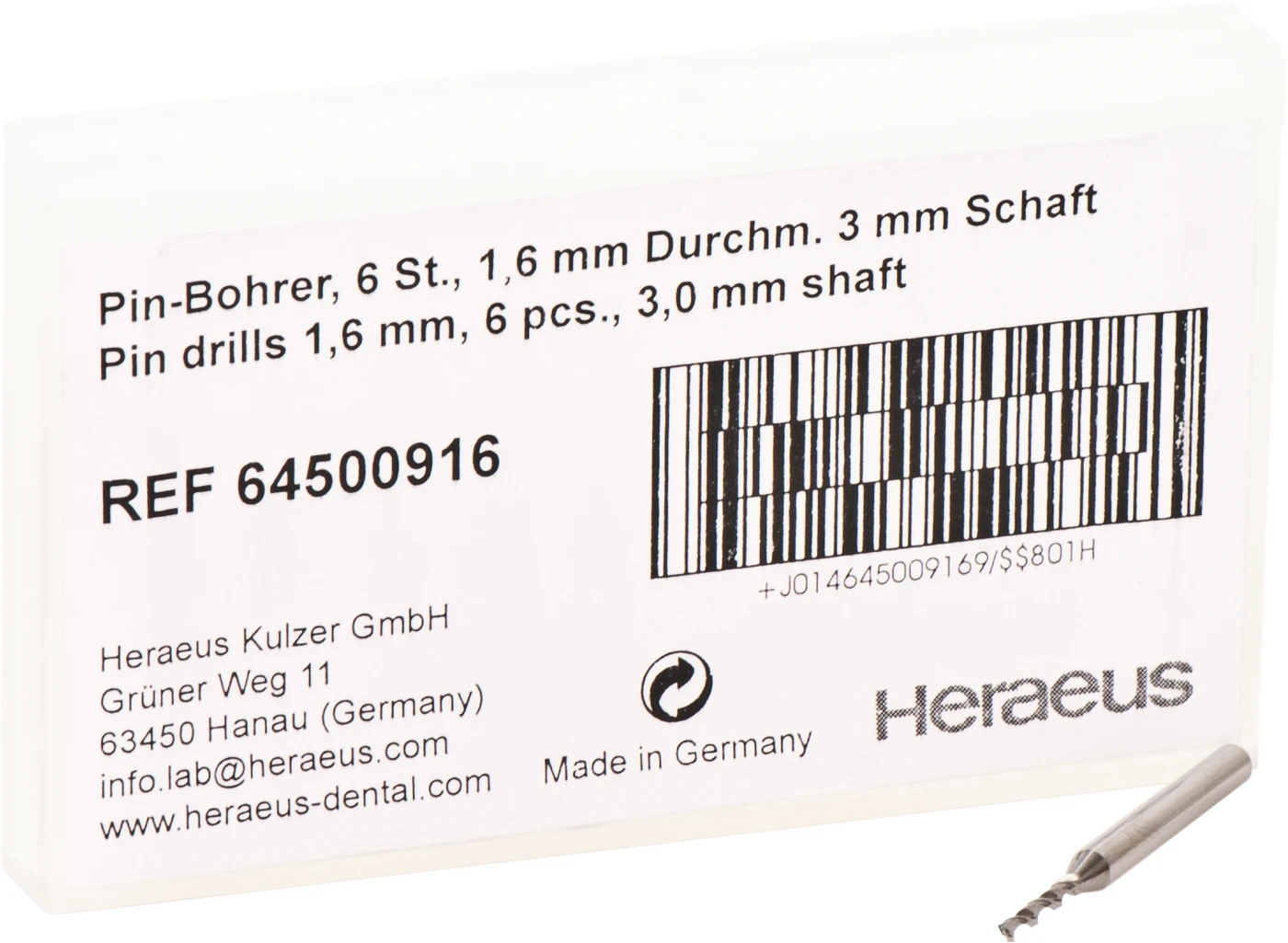 Heraeus Pin-System Packung 6 Pinbohrer Ø 1,6 mm