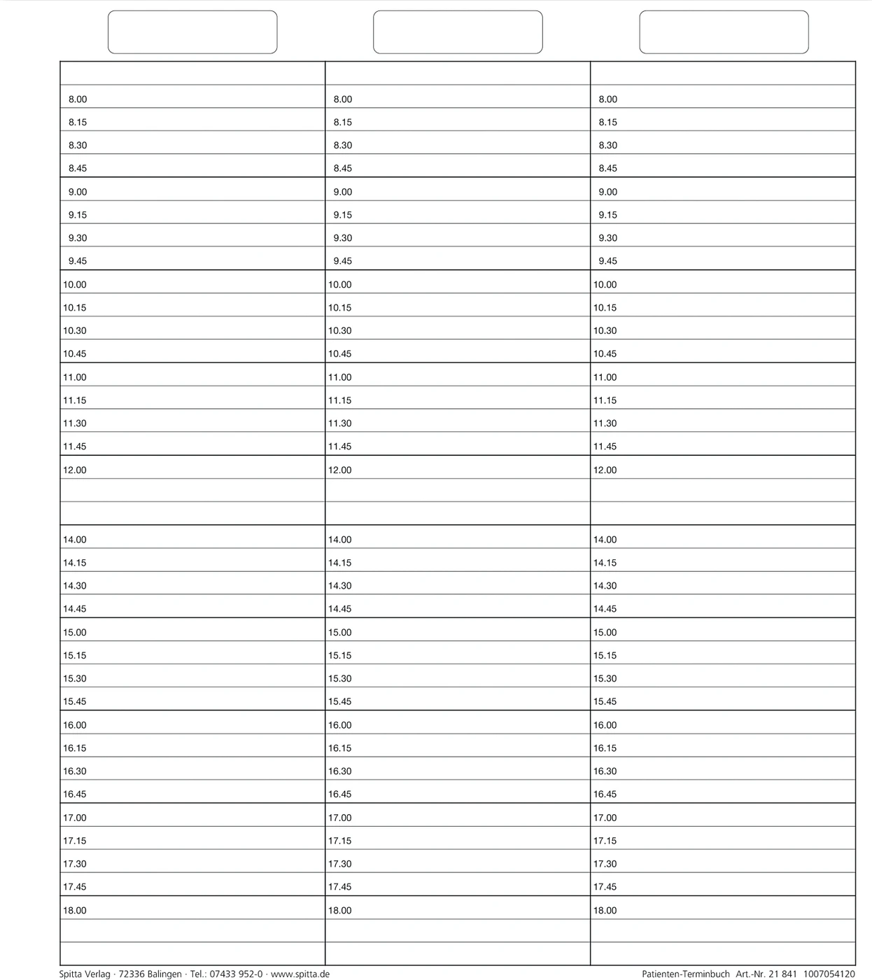 Einlageblatt Patienten-Terminbuch mit Uhrzeit Packung 50 Stück mit Uhrzeit, verstärkt
