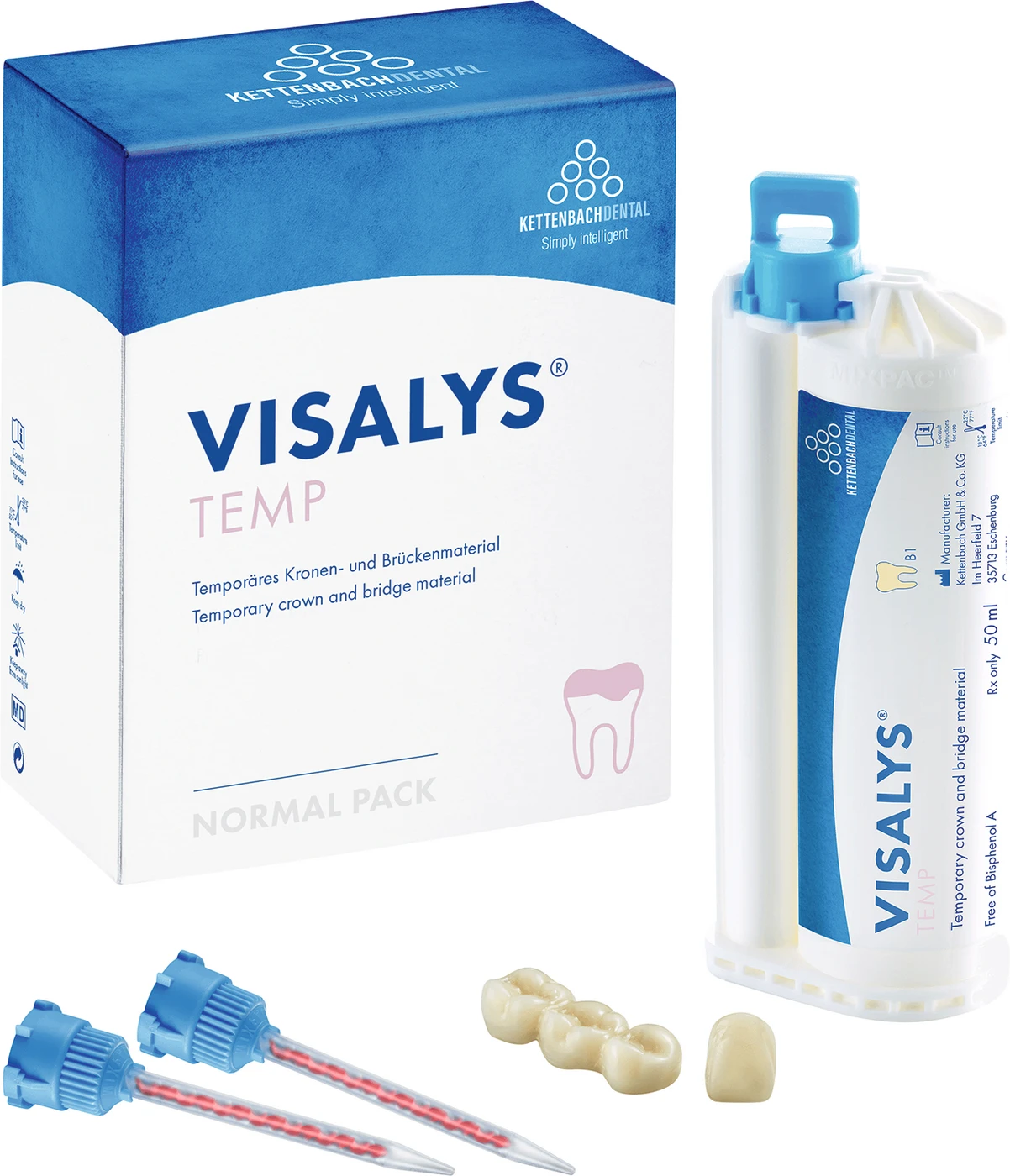 Visalys® Temp Normal pack 50 ml Doppelkartusche B1, 15 Mischkanülen blau-orange