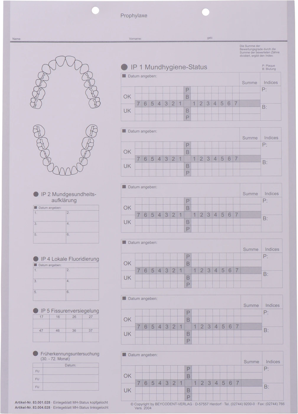 Einlegeblatt Mundhygiene-Status Packung 100 Stück, kopfgelocht