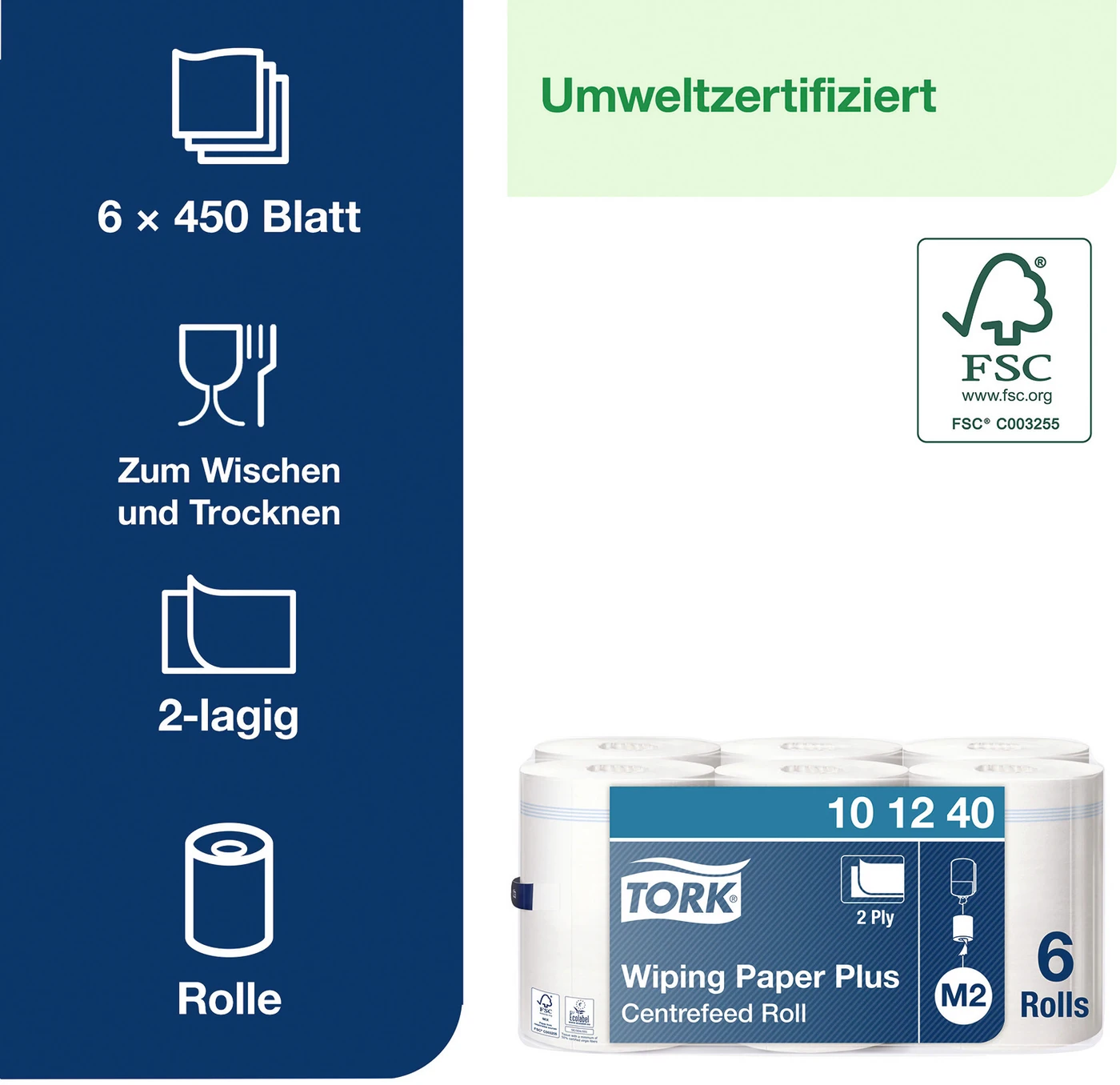 TORK® starke Mehrzweck Papierwischtücher Karton 6 x 457 Stück 2-lagig, 35 x 21,5 cm, weiß, M2