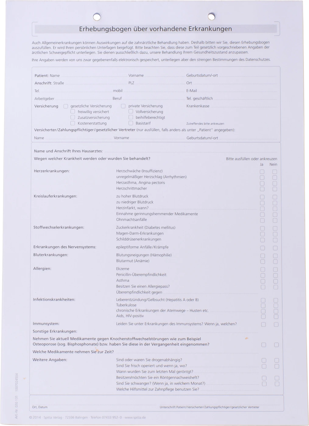 Anmeldeformulare Anamnese Stück 100 Blatt A4, vorhandene Erkrankungen